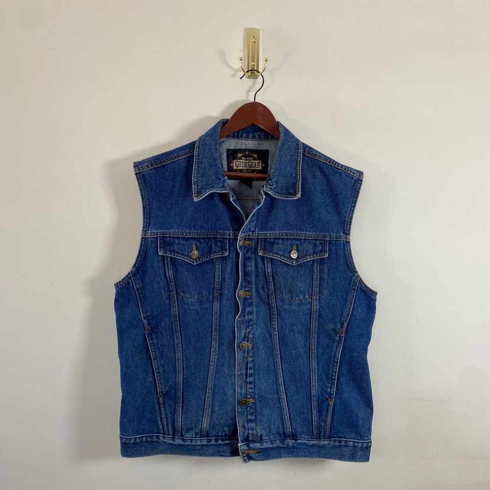 Vintage Guide Gear Denim Vest Button Up Medium Wash Size Medium Pockets Biker